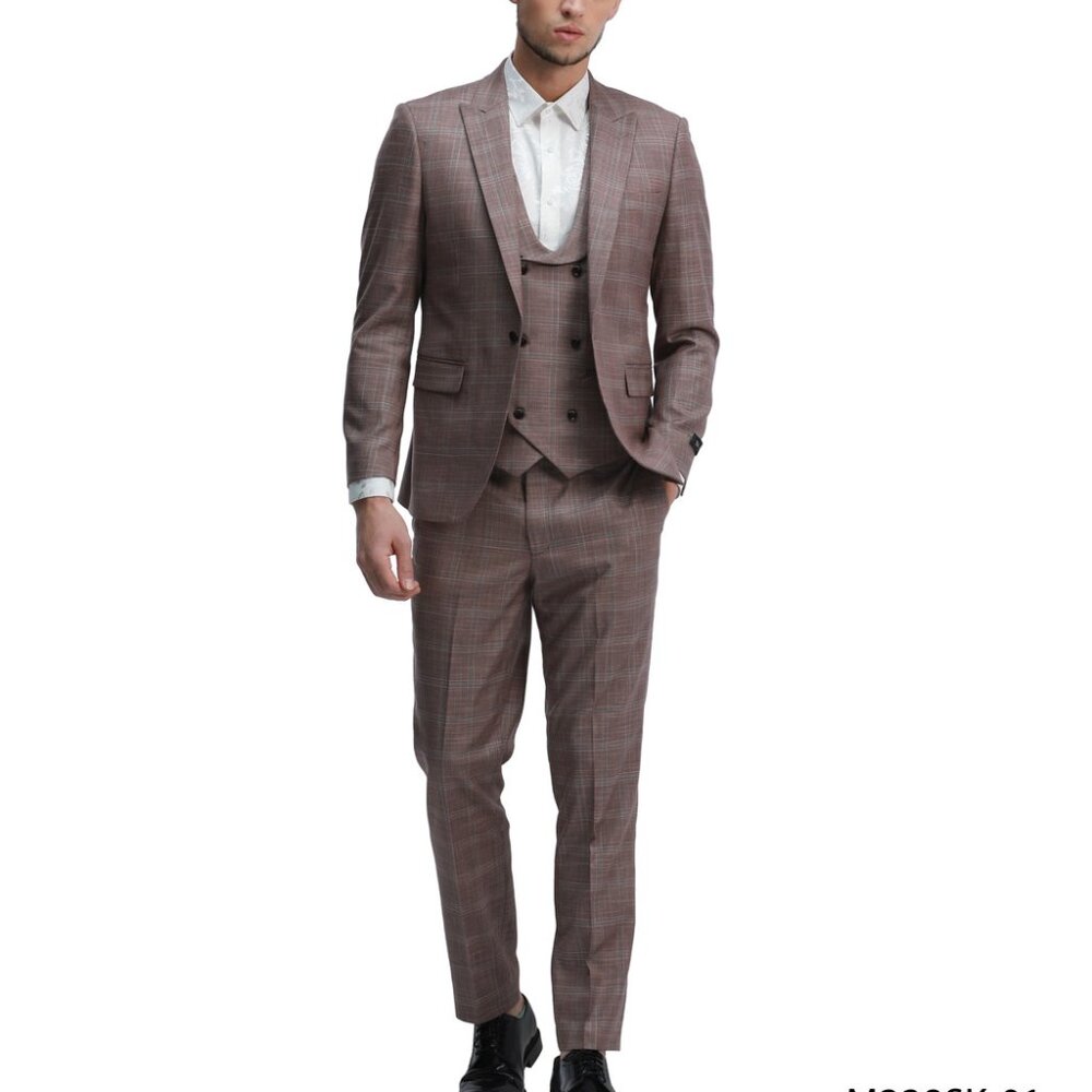 Rose Plaid Peak Lapel Double Breasted Vest Skinny Fit Men's Suit